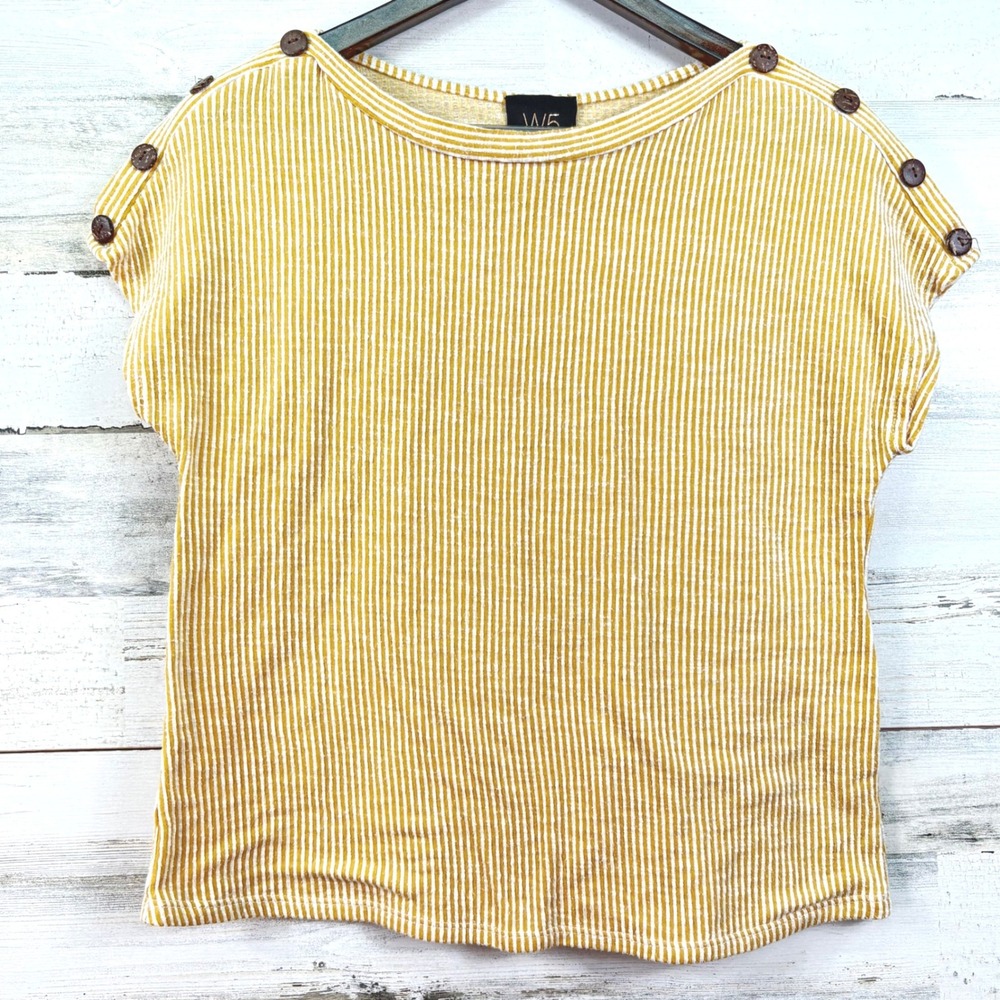 W5 Anthropologie Mustard Yellow White Striped Boat Neck Top‎ Shoulder Buttons S